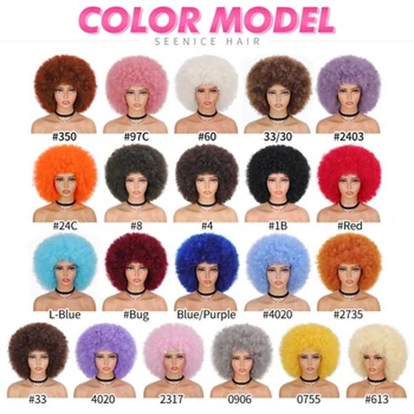 Peruca afro e encaracolada com Franja para mulheres negras, perucas de cabelo curto fofo, Ombre sintético, cosplay sem cola, marrom natural, preto, rosa