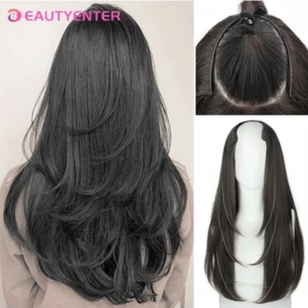 BELEZA-Extensão Do Cabelo Em Forma De U Para As Mulheres, Cabelo Sintético, Longo Clipe Reto, Extensões De Cabelo, Cabelo Falso, Cabelo Preto Pieces, Ren