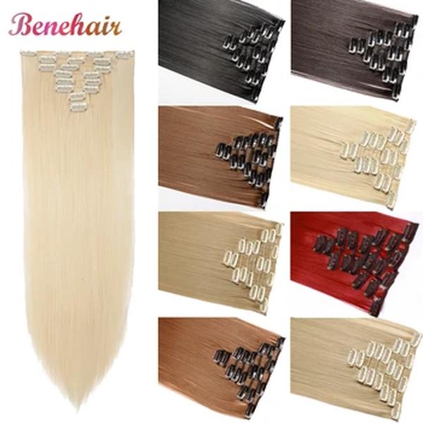 BENEHAIR-Clipes Sintéticos Extensão de Cabelo para Mulheres, Longo Liso, Pedaços de Cabelo Falso, Vermelho, Preto, Marrom, 23"