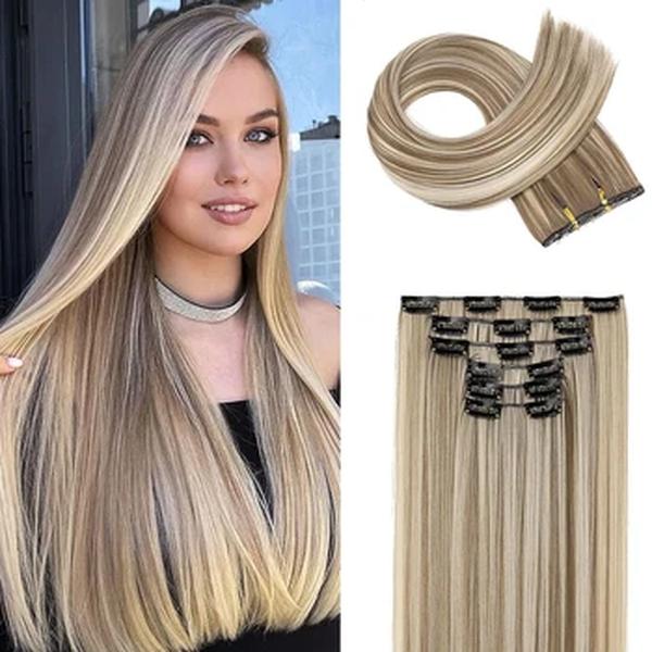 Extensões de cabelo sintético preto para mulheres, clipe de cabeça longo e reto, fibra resistente ao calor, 16 clipes, 24 ", 60cm, 140g, 6pcs, conjunto