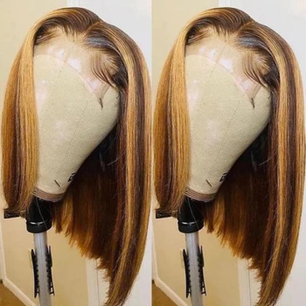 Peruca reta de osso para mulheres, destaque perucas de cabelo humano, peruca frontal de renda 13x4 HD transparente, peruca curta Bob, 180%