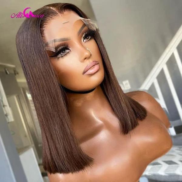 Peruca reta brasileira para mulheres, castanho chocolate, peruca frontal de renda 13x4, cabelo humano curto, densidade 180, cabelo remy