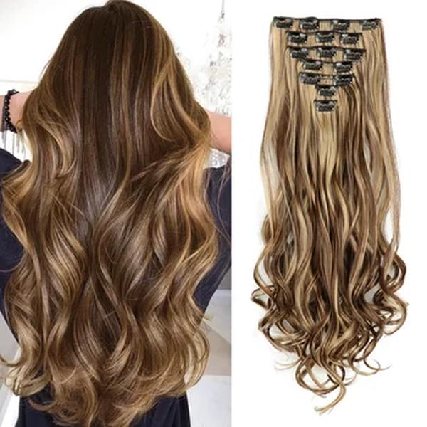 Clipe sintético em extensões de cabelo para mulheres, macio, longo, ondulado, 22 ", grosso, peruca, destaque, 7pcs