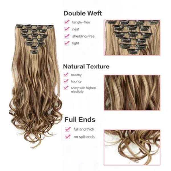 Clipe sintético em extensões de cabelo para mulheres, macio, longo, ondulado, 22 ", grosso, peruca, destaque, 7pcs