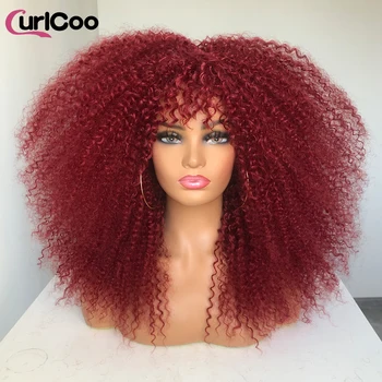 Peruca afro encaracolada com Franja para mulheres negras, fibra sintética, sem cola, fofa, longa, festa diária, cosplay