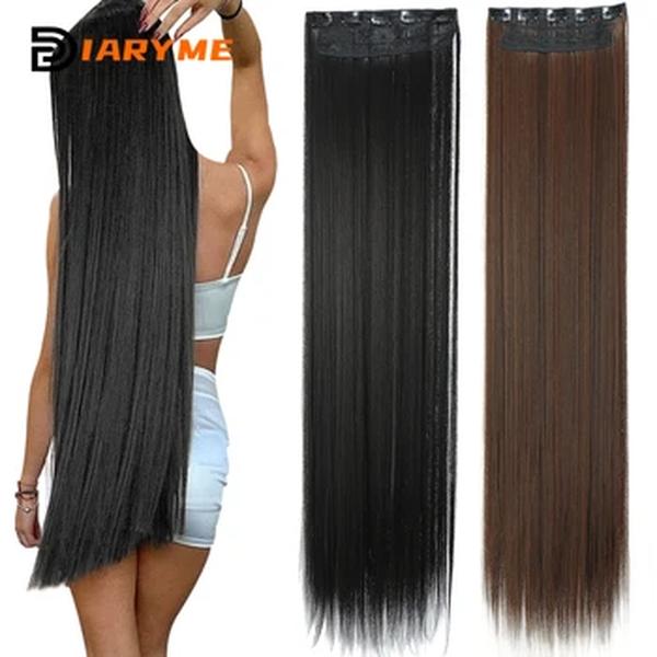 O grampo reto longo extra em extensões do cabelo para mulheres, cabelo sintético, preto, fibra resistente ao calor, vai, 20 ", 24", 28 ", 32", 38"