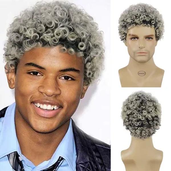 GNIMEGIL-Peruca Sintética Afro Curta para Homens Negros, Cabelo Encaracolado Kinky, Peruca Cinza Ombre, Alta Temperatura, Peruca Natural Diária de Festa Regular