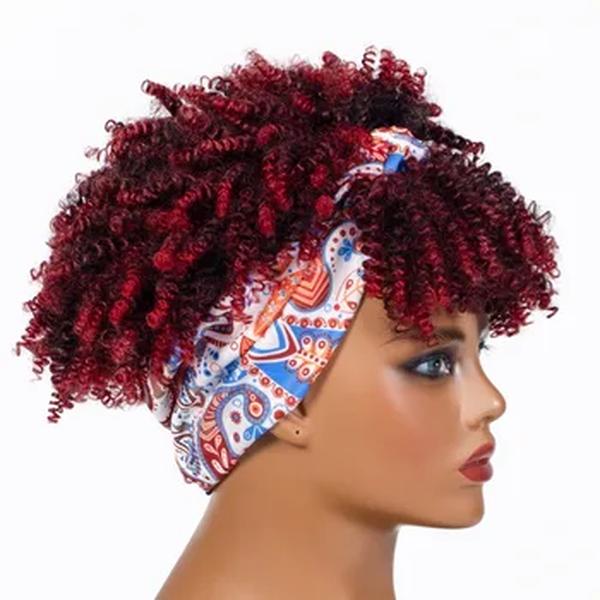 Peruca do lenço de cabelo peruca europeia e americana perucas bandana cinto peruca vinho vermelho africano pequeno encaracolado