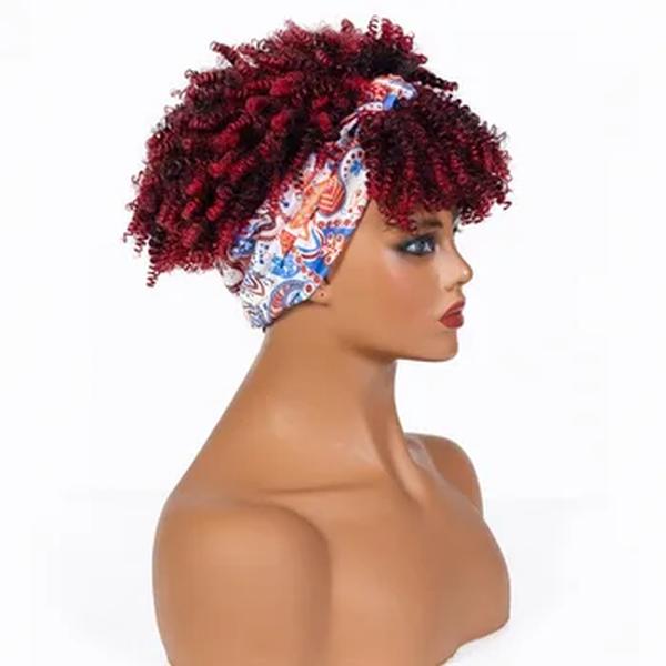 Peruca do lenço de cabelo peruca europeia e americana perucas bandana cinto peruca vinho vermelho africano pequeno encaracolado