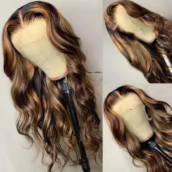 Peruca frontal de renda HD para mulheres, loira de mel, onda do corpo, perucas de cabelo humano frontal, 360 sem cola, renda cheia, destaque, 13x6