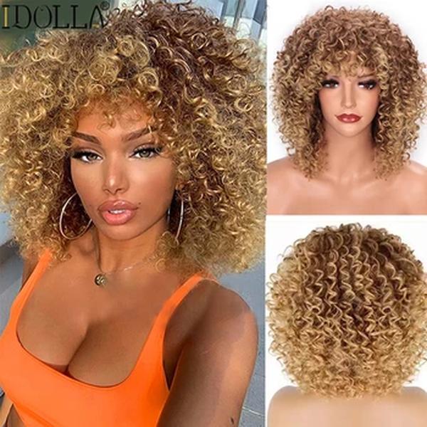 Idolla-Peruca Curta Encaracolada com Franja para Mulheres Negras, Afro Sintético, Estranho, Natural, Ombre, Loira, Cosplay