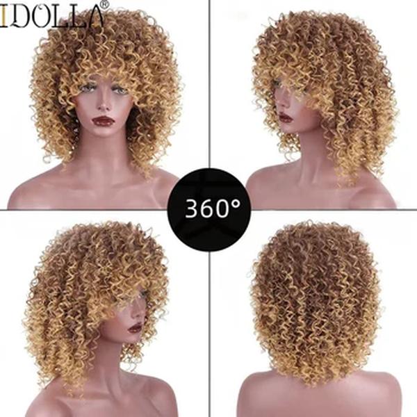 Idolla-Peruca Curta Encaracolada com Franja para Mulheres Negras, Afro Sintético, Estranho, Natural, Ombre, Loira, Cosplay