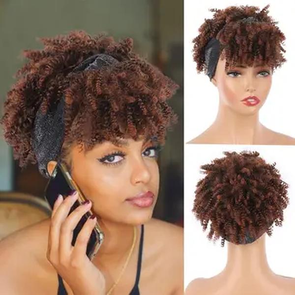 Kinky Curly Headband Perucas para Mulheres Negras, Peruca Curta Ombre Brown, Afro Puff com Franja