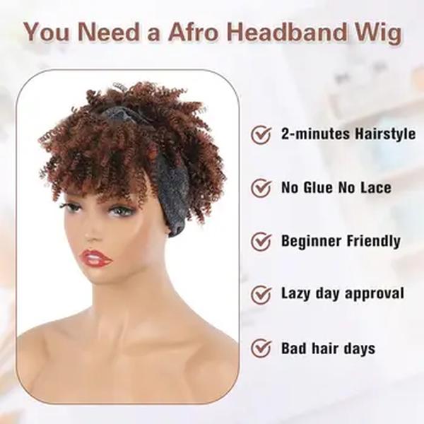 Kinky Curly Headband Perucas para Mulheres Negras, Peruca Curta Ombre Brown, Afro Puff com Franja