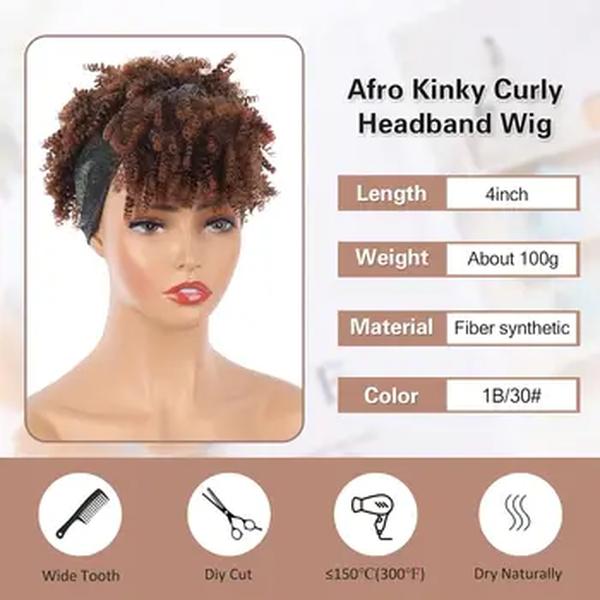 Kinky Curly Headband Perucas para Mulheres Negras, Peruca Curta Ombre Brown, Afro Puff com Franja