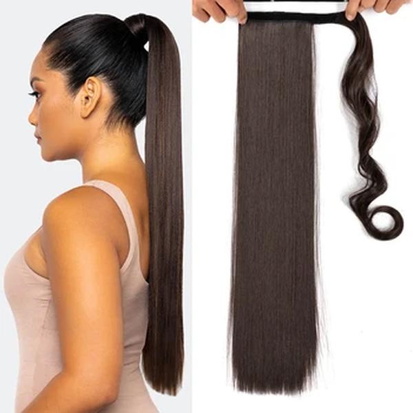 Grampo reto longo das extensões do cabelo do ponytial 22 Polegada sintético em hairpieces preto loira envoltório em torno de extensões do cabelo do rabo de cavalo