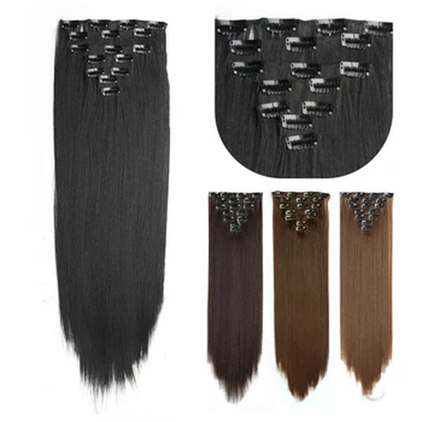 Clipes sintéticos retos longos em extensões de cabelo para mulheres, fibra de alta temperatura, preto, marrom, loiro, hairpiece, 7pcs, conjunto