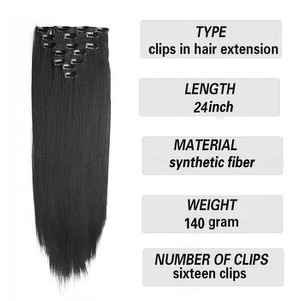 Clipes sintéticos retos longos em extensões de cabelo para mulheres, fibra de alta temperatura, preto, marrom, loiro, hairpiece, 7pcs, conjunto