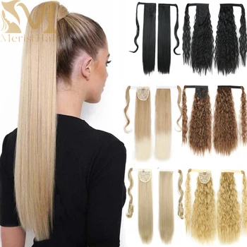 MERISIHAIR-Extensão Do Cabelo De Rabo De Cavalo Longo Sintético, Envolva Em Torno De Clipe, Em Linha Reta, Calor, Reistan Pony Tail, Cabelo Falso