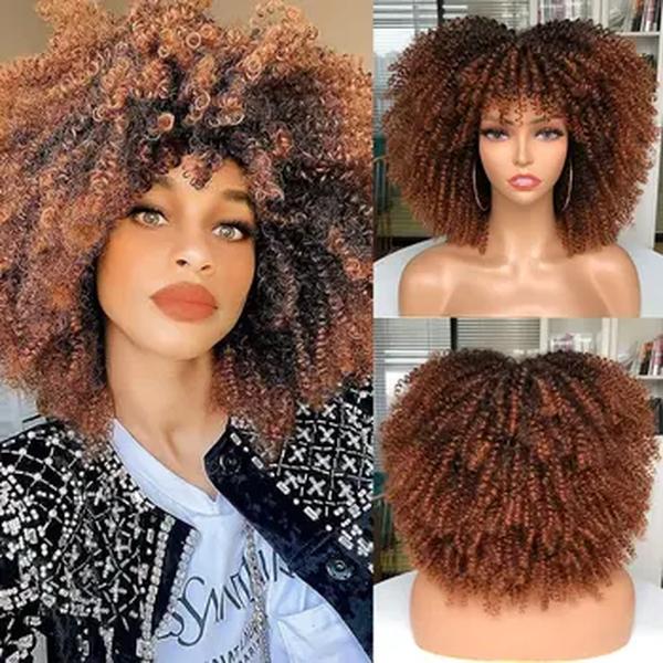 Curto Afro Kinky Curly Peruca Com Bangs Para As Mulheres Negras Sintético Natural Loira Cosplay Perucas Glueless Alta Temperatura Do Cabelo