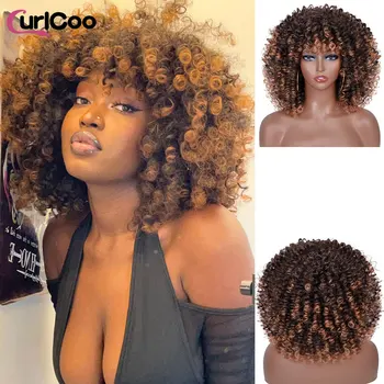 Perucas encaracoladas afro curto com franja para as mulheres negras sintético ombre cabelo natural resistente ao calor marrom cosplay destaque perucas