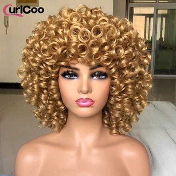 Peruca de cabelo curto afro encaracolado para mulheres negras, perucas louras naturais com Franja, ombre sintético fofo, perucas cosplay lolita, sem cola