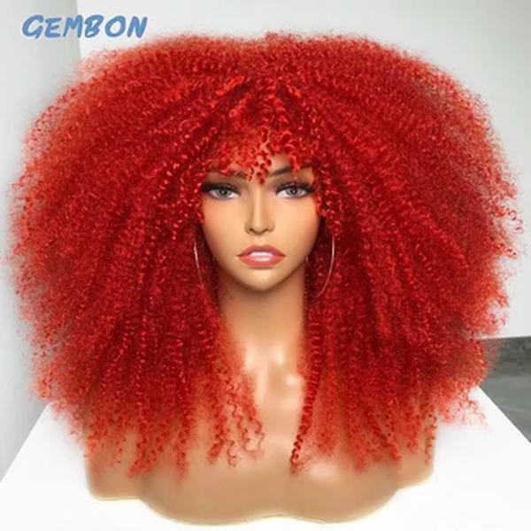 GEMBON-Peruca Curly Afro Kinky com Franja para Mulheres Negras, Cosplay Sintético Solto, Perucas Naturais Fofas, Castanho Escuro, 18"