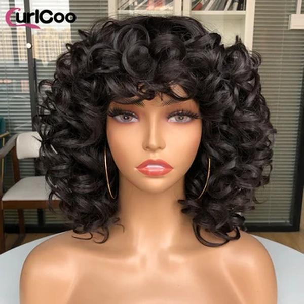 Perucas Afro Kinky Curly com Franja para Mulheres Negras, Cabelo Sintético Fofo, Ombre Africano, Castanho, Loiro, Fibra Natural