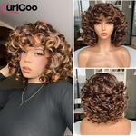 Perucas Afro Kinky Curly com Franja para Mulheres Negras, Cabelo Sintético Fofo, Ombre Africano, Castanho, Loiro, Fibra Natural