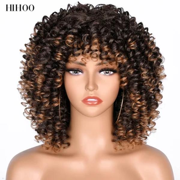 Cabelo curto Afro Kinky Curly Perucas com Franja para Mulheres Negras, Perucas Sintéticas, Cabelo Natural, Peruca Castanha Misturada, Cosplay, Lolita