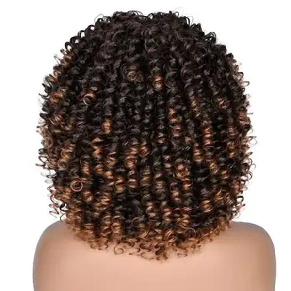 Cabelo curto Afro Kinky Curly Perucas com Franja para Mulheres Negras, Perucas Sintéticas, Cabelo Natural, Peruca Castanha Misturada, Cosplay, Lolita