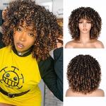 Cabelo curto Afro Kinky Curly Perucas com Franja para Mulheres Negras, Perucas Sintéticas, Cabelo Natural, Peruca Castanha Misturada, Cosplay, Lolita