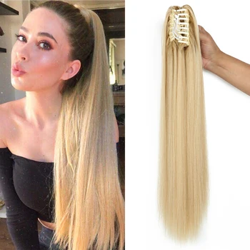 Extensões retas longas sintéticas do cabelo da garra grampo-em rabo de cavalo para mulheres, calor-resistente, rabo do pônei, parte do cabelo, partido diário, 24"