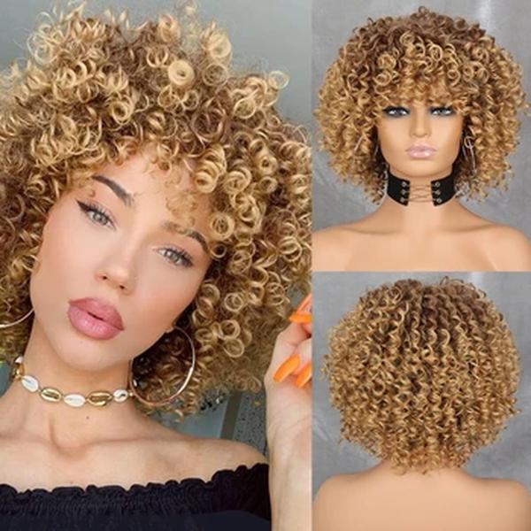 WERD Curly Afro Loira Peruca Com Franja Comprimento do Ombro Perucas Afro Kinkys Perucas Sintéticas Encaracolado Peruca Completa Para Mulheres Negras