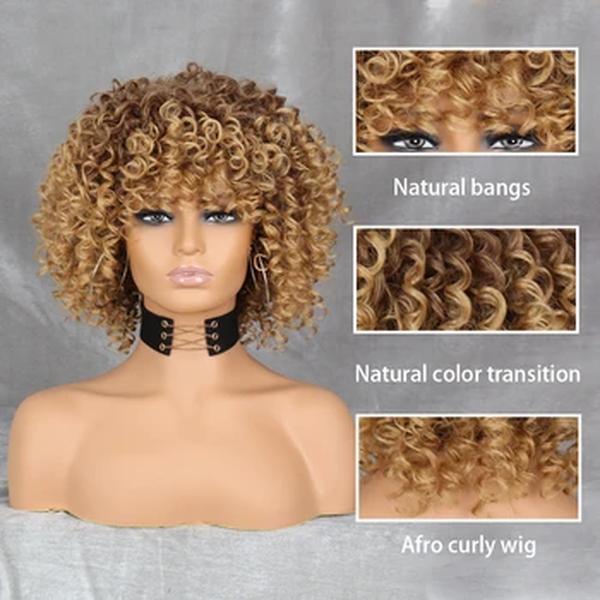 WERD Curly Afro Loira Peruca Com Franja Comprimento do Ombro Perucas Afro Kinkys Perucas Sintéticas Encaracolado Peruca Completa Para Mulheres Negras