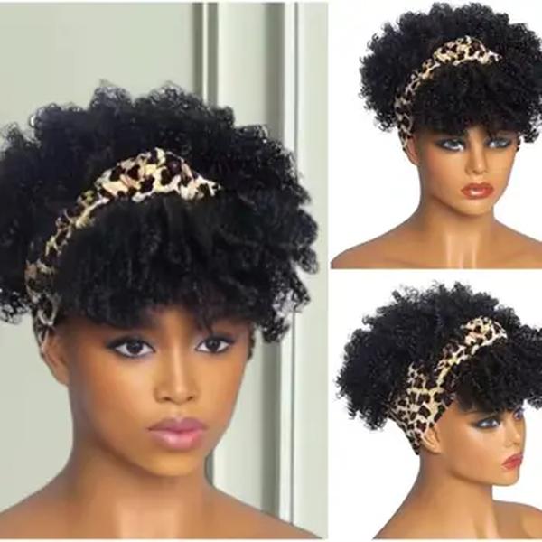 Peruca estilo africano com bandana para mulheres, cabelo curto encaracolado, sintético encaracolado com arranca, peruca cachecol