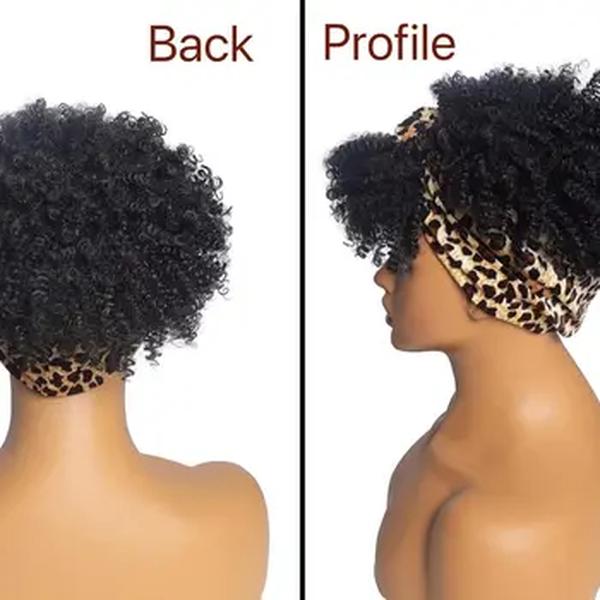 Peruca estilo africano com bandana para mulheres, cabelo curto encaracolado, sintético encaracolado com arranca, peruca cachecol