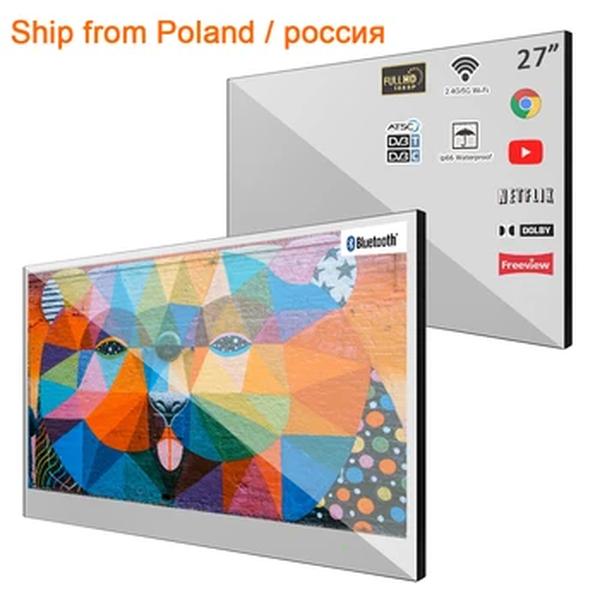 Souria-Smart Mirror TV para Banheiro, TV de Chuveiro LED, Bluetooth Android à prova d'água, WiFi, Armazém na Europa e Rússia, 27 pol