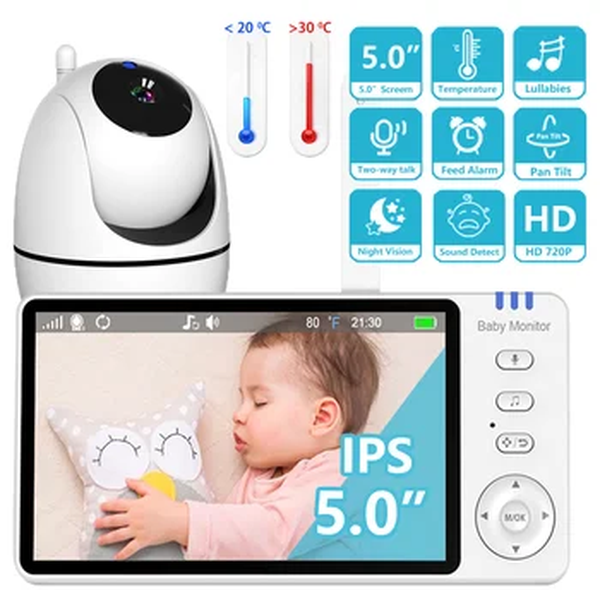 Baby Monitor Vídeo sem fio com Pan Tilt Camera, Two Way Áudio, Night Vision, Babá de Segurança, VOX Wake Up, USB Charge, 5.0"